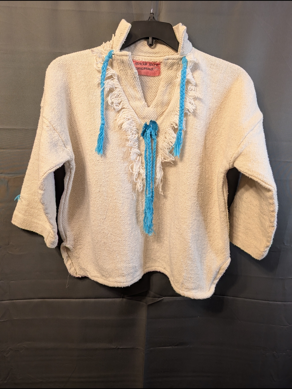 VTG 70s Sugar Sack Originals Fringe Boho Tunic Top Cream Turquoise Excellent